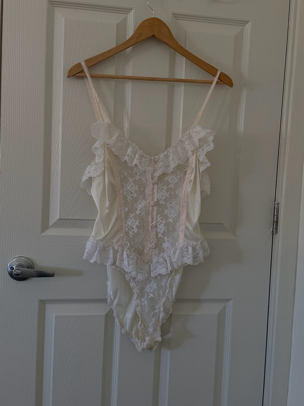Vintage White Lace Ruffle Teddy with Pink Trim